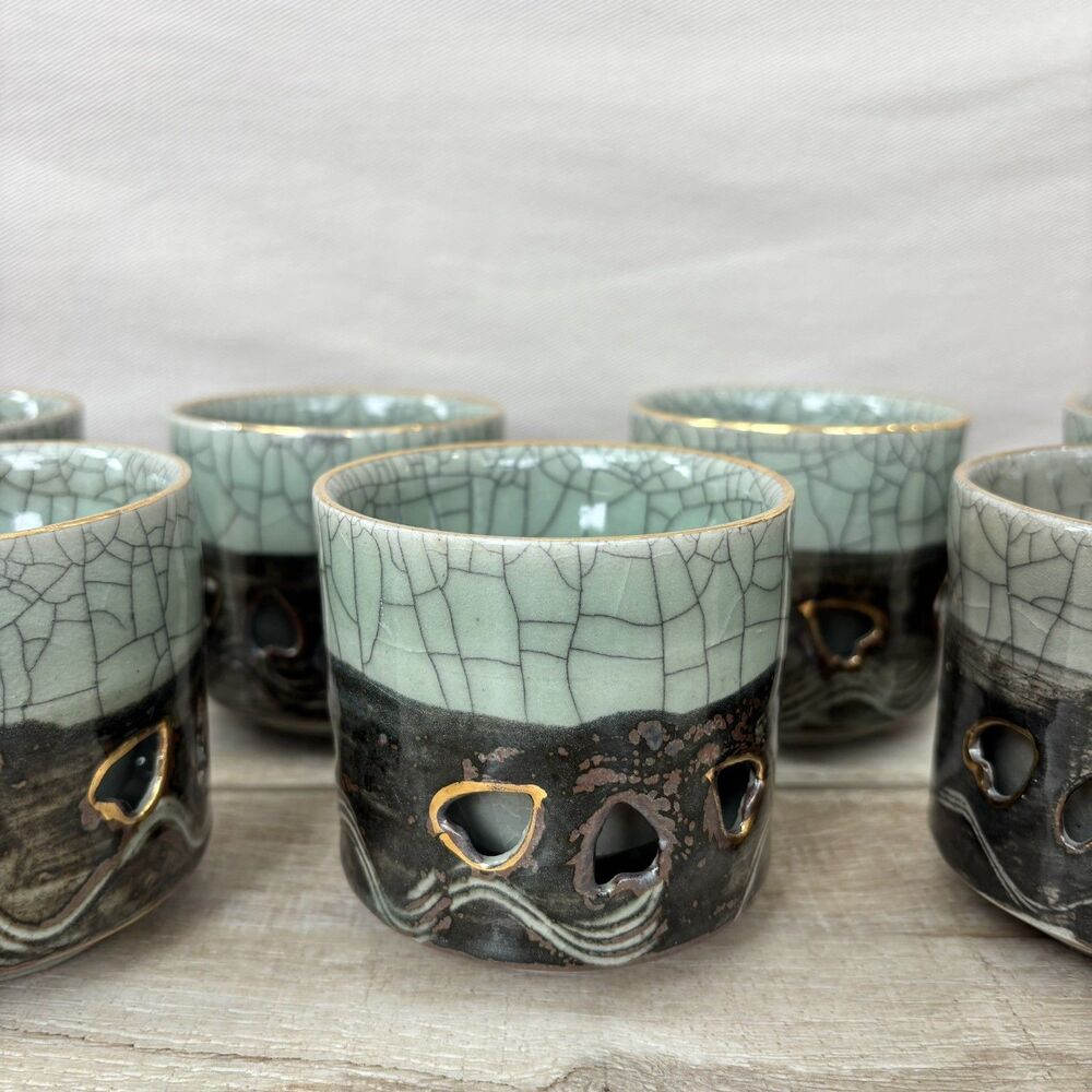 Vintage Somayaki Soma Ware Japan Double Wall Hearts Tea Cups Gold Horse Set of 7 - Picture 2 of 15